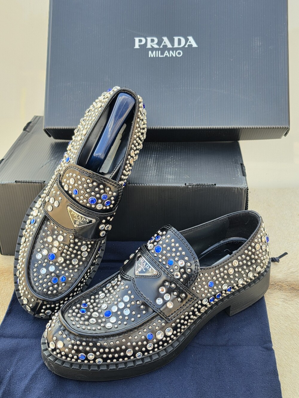 Prada Rhinestone-Embellished Brushed Leather Loafers